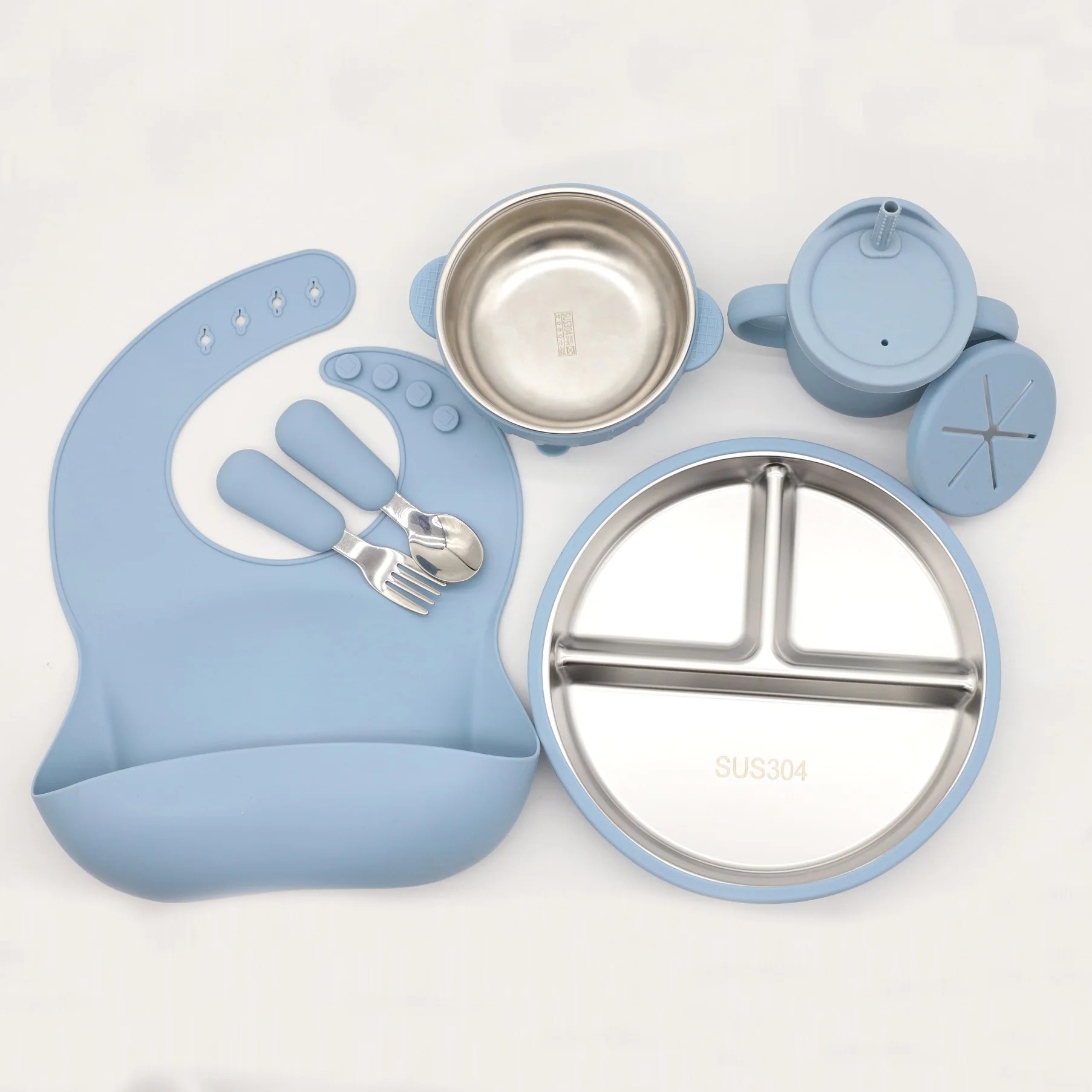 Ensemble repas bébé en acier inoxydable et silicone alimentaire sans BPA - Vaissellebebe.com